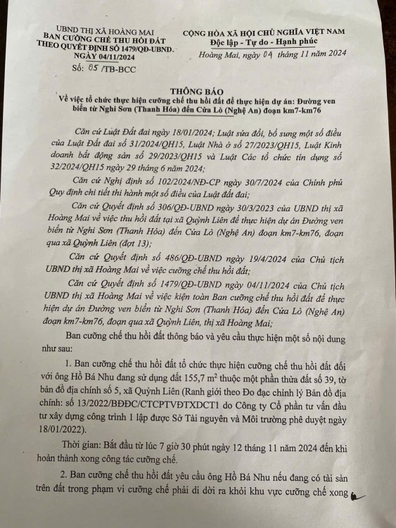 Thông báo về việc cưỡng chế thu hồi đất để thực hiện dự án: Đường ven biển Nghi sơn - Cửa Lò đoạn Km7-Km76